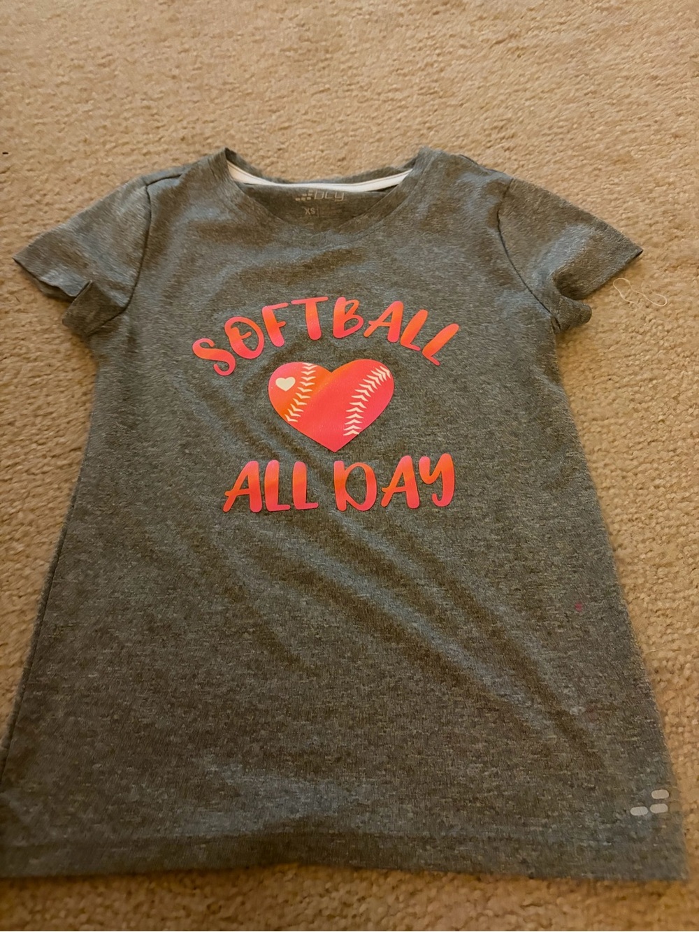 Girls Bcg Softball All Day Gray T-Shirt with Pink Heart